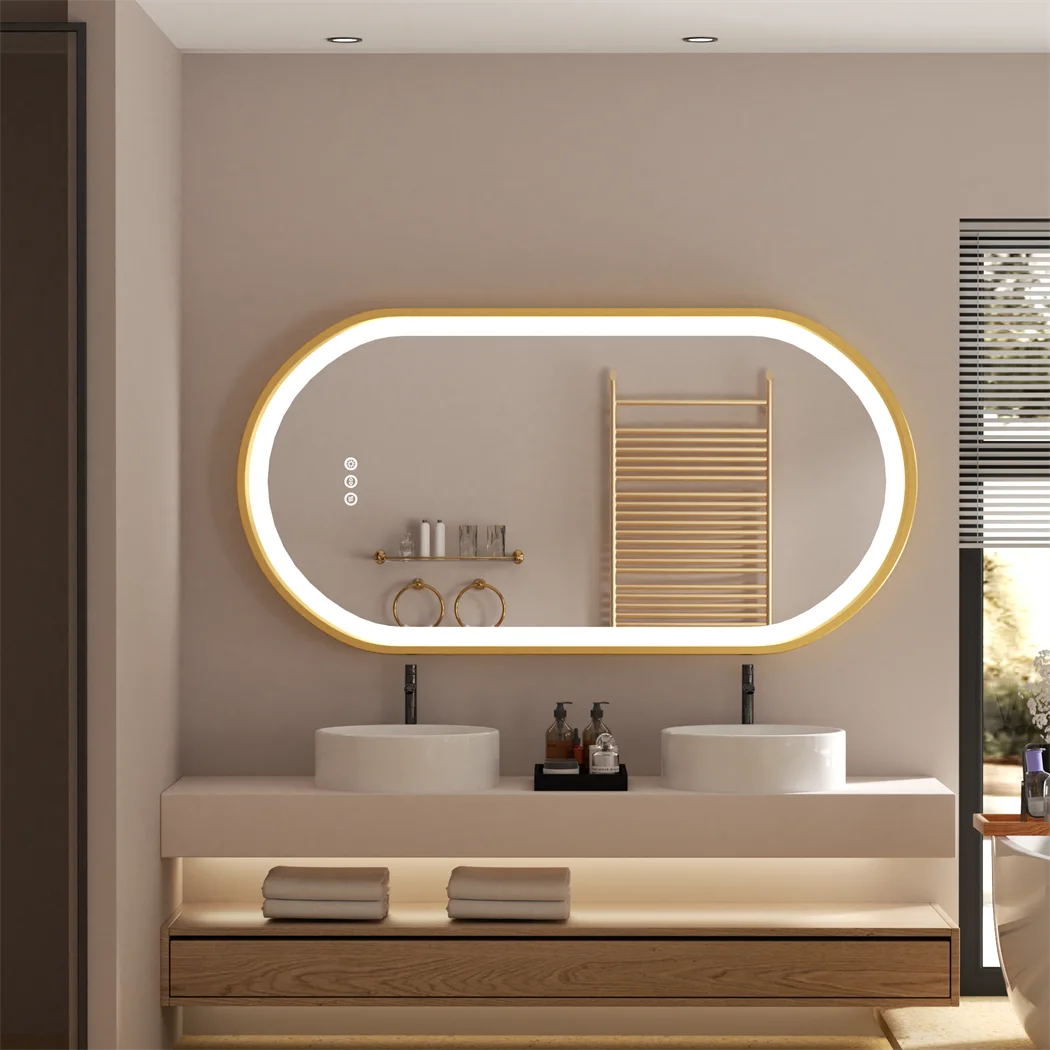 LED Bathroom Mirror Round Touch Screen Waterproof Anti Fog Vanity Mirror Wall Mounted for Wash Basin Shower Grooming 100x50cm