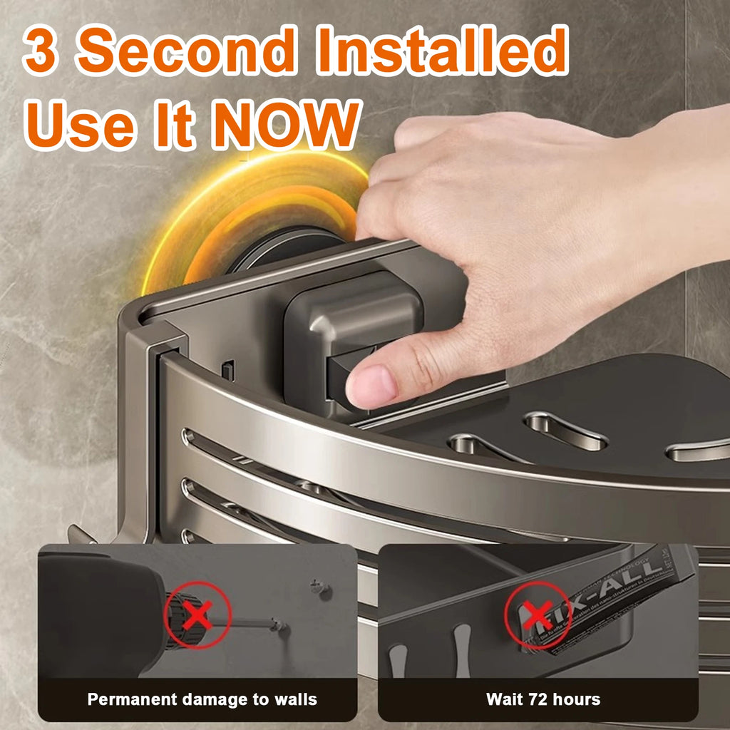 Shower Corner Bathroom Shelf with Towel Holder Hooks Suction Cup Wall Mounted Space Aluminium Rack Grey 30 × 22 × 6.8cm