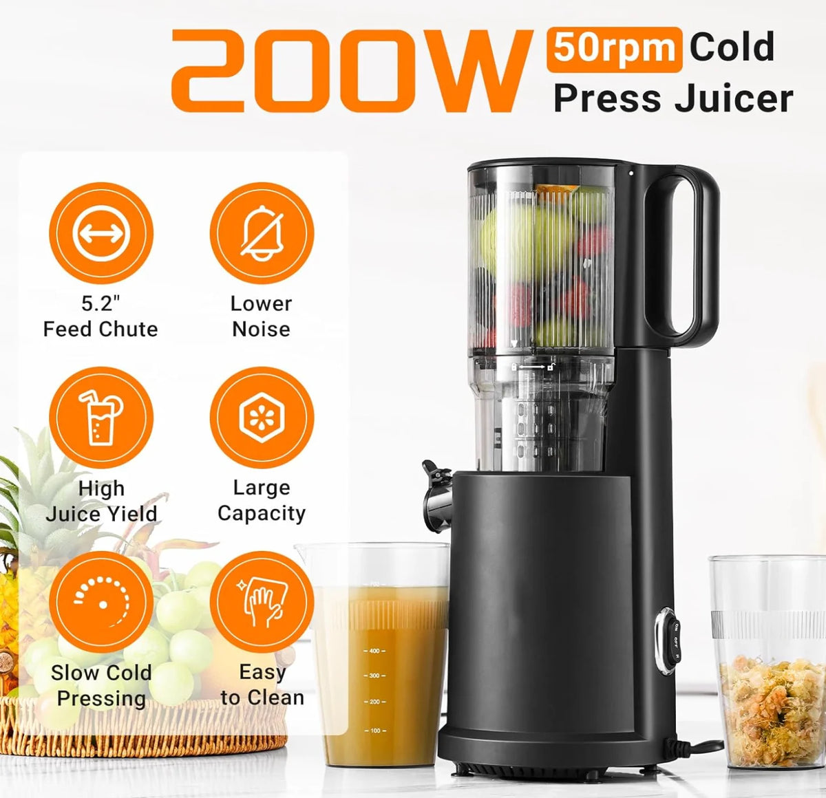Stylish Spiral Slow Juicer Masticating Cold Press Juice Extractor Automatic Pulp Ejection Fruit Vegetable Juicer Black AU
