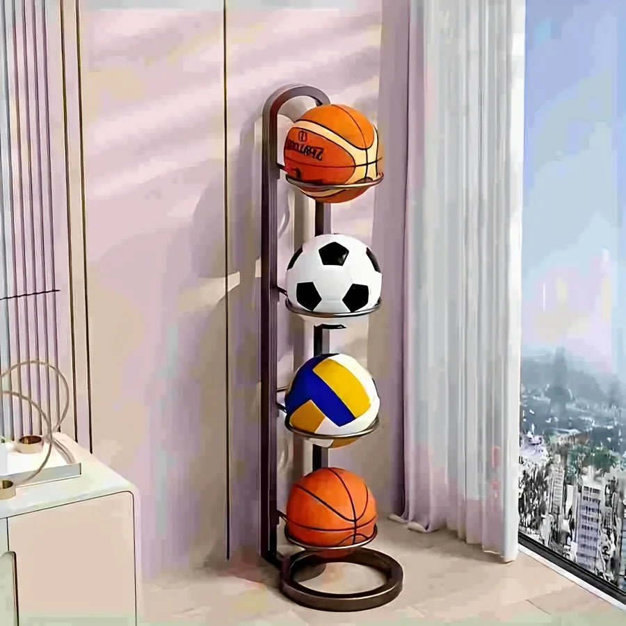 1PC 4 Tier Metal Sports Ball Storage Rack Organizer Basketball Football Equipment Holder Shelf Black 89.5 × 23.5cm