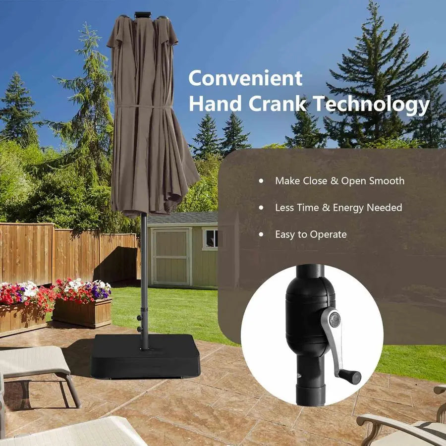 Patio Umbrella Double-Sided 48 LED Solar Lights Twin Canopy Crank Lift Sandbag Base 470x280cm Dark Beige