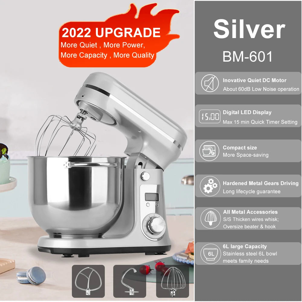 1200W Kitchen Stand Mixer 6L Food Blender Quiet Motor Egg Whisk Dough Kneader 6 Speed Baking Mixer Silver BM-601 AU