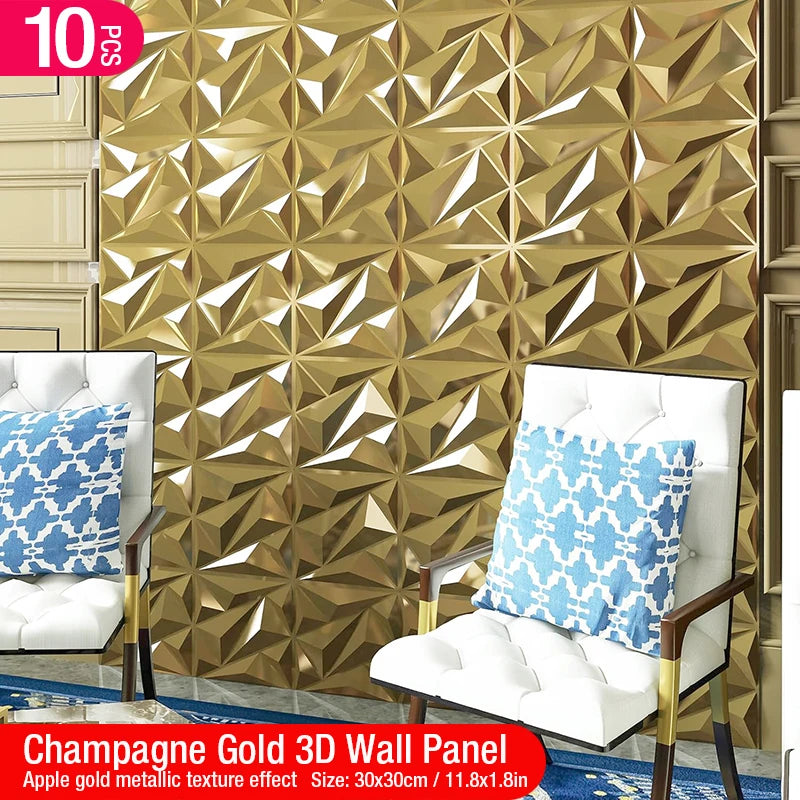 3D Wall Panels 10 Pack Waterproof Self Adhesive Wallpaper Stickers Gold 30cm for Kitchen Bathroom Living Room