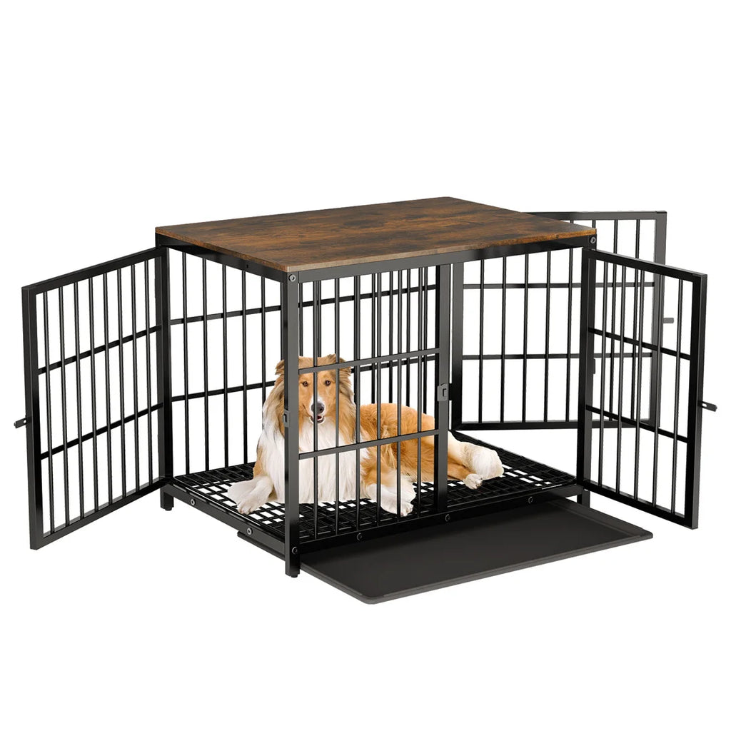 Wooden Dog Crate Furniture with 3 Doors Removable Tray Metal Frame End Table for Medium Dogs Black 74x52x56.5cm