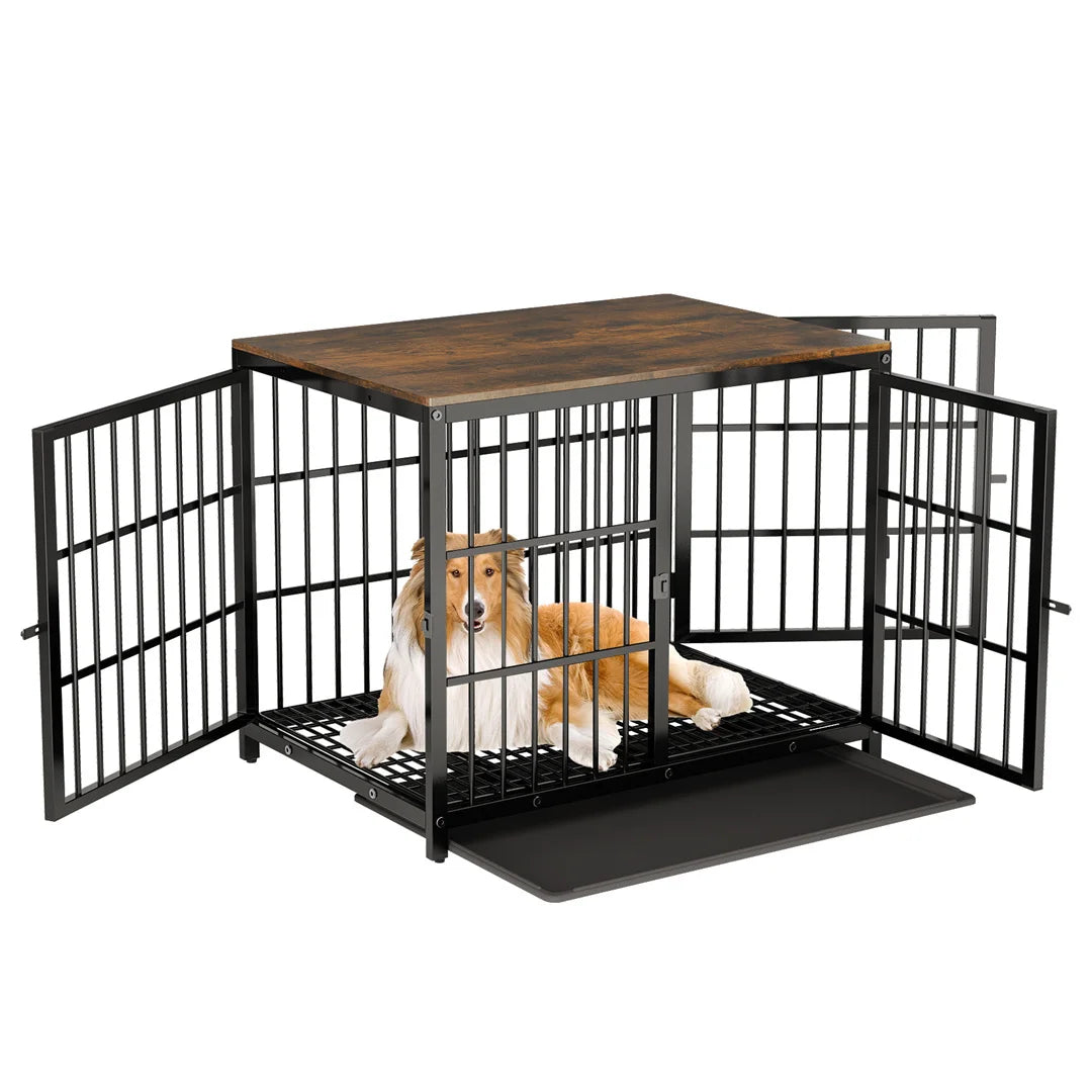 Wooden Dog Crate Furniture with 3 Doors Removable Tray Metal Frame End Table for X-Large Dogs Black 107.5x71.5x81cm