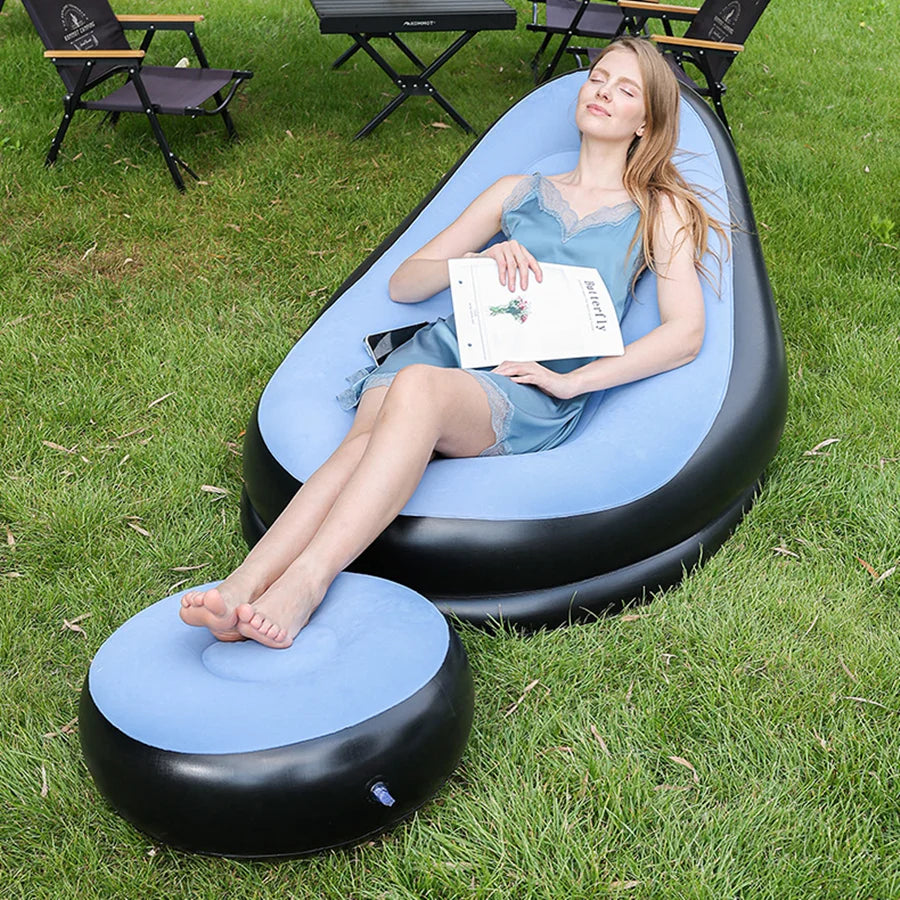 Inflatable Lazy Couch Sofa Set Light Blue Portable Foldable Recliner with Ottoman