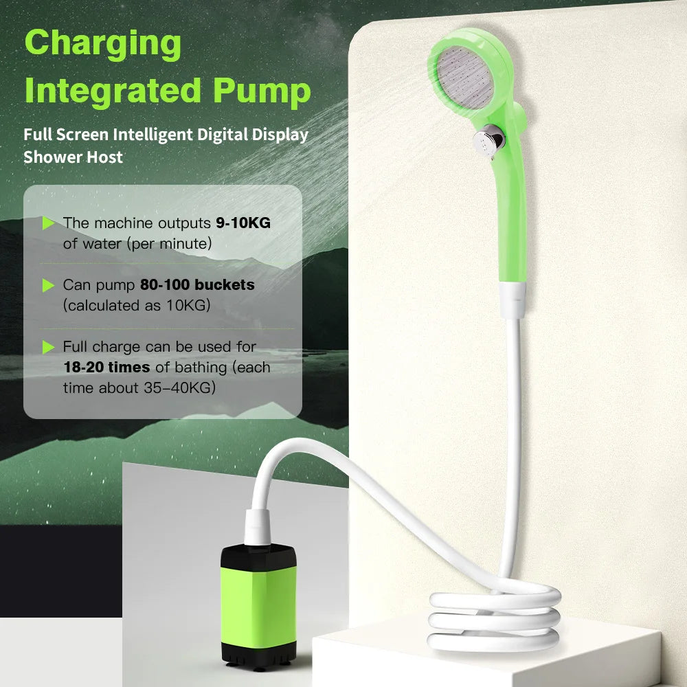 Portable Camping Shower Pump Kit with Digital Display 6000mAh Battery Outdoor RV Shower Green Full Screen