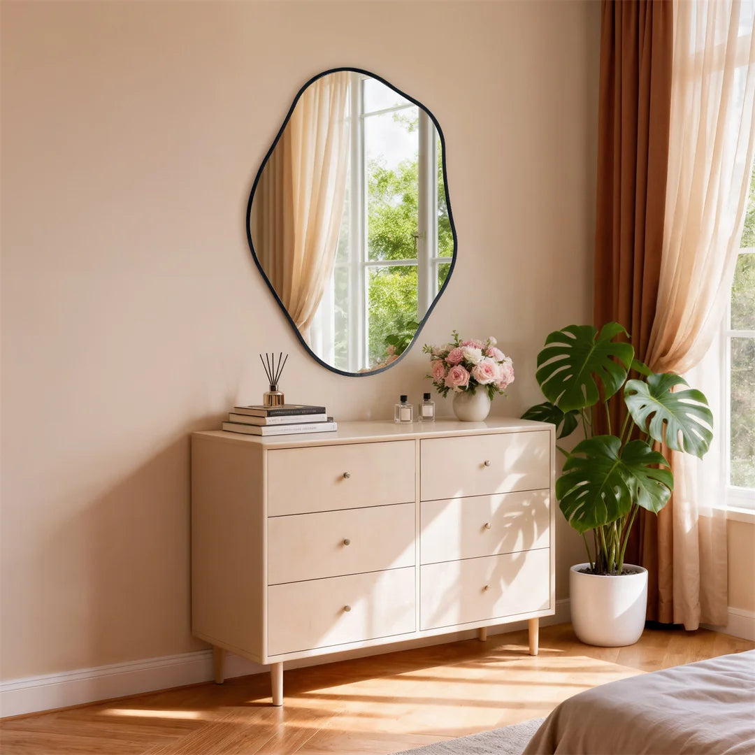 Irregular Wall Mirror 60x80cm Black Aluminum Frame Modern Decorative Vanity Dressing Mirror