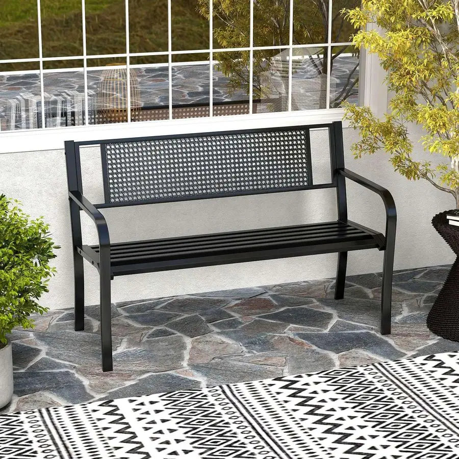 Garden Bench Outdoor Patio Bench Patterned Backrest and Curved Armrests 127cm 300kg Capacity Black