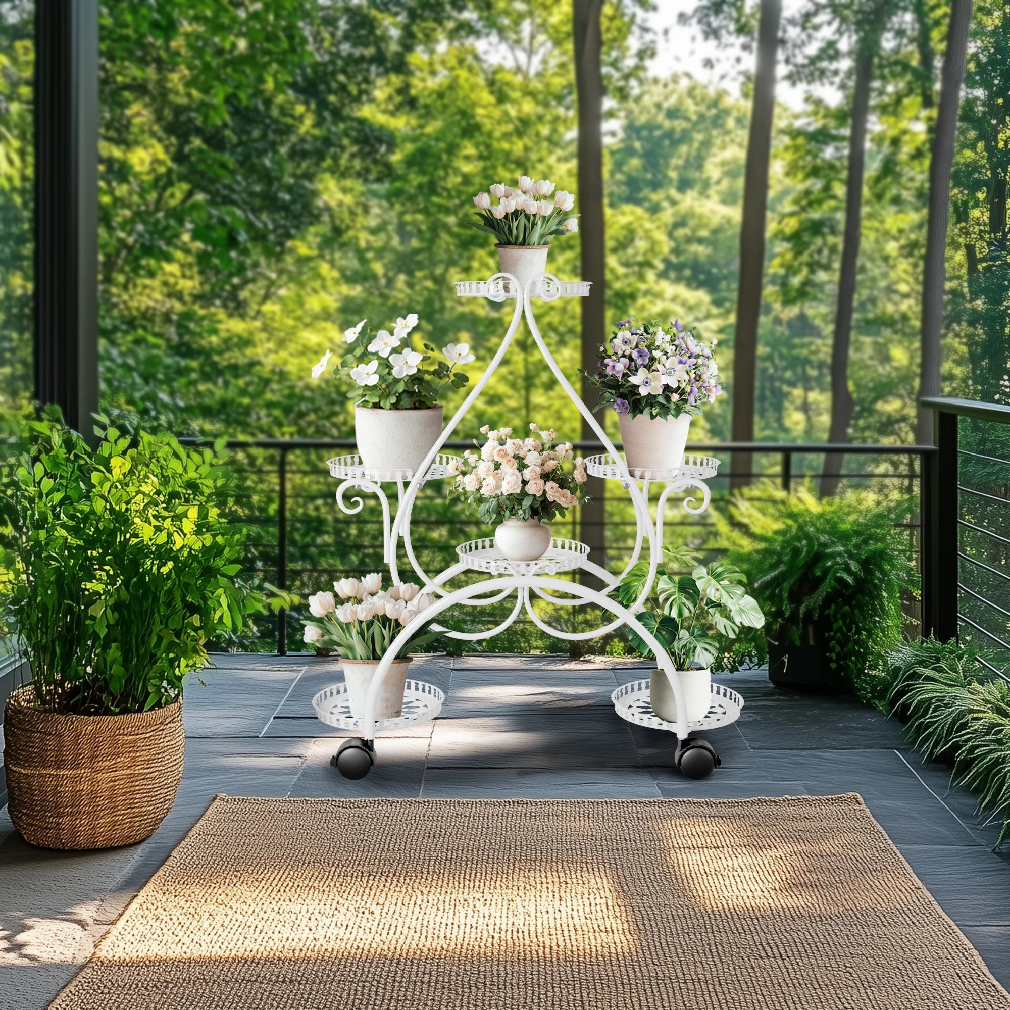 Plant Stand 6 Tier Metal Flower Pot Display Rack with Rolling Wheels Indoor Outdoor Plant Shelf White 73.5x30.5x84.5cm