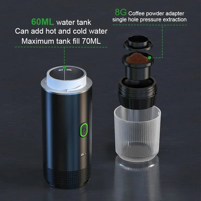 Wireless Portable Espresso Coffee Machine 3-in-1 Capsule Powder Coffee Maker for Car Home Camping Travel Black 2.0 8.3×25.1cm