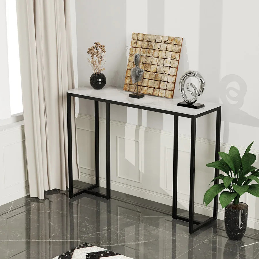 Black Metal Console Table with Storage Shelf Narrow Entryway Sofa Table for Hallway Living Room Use 100x38x78.5cm