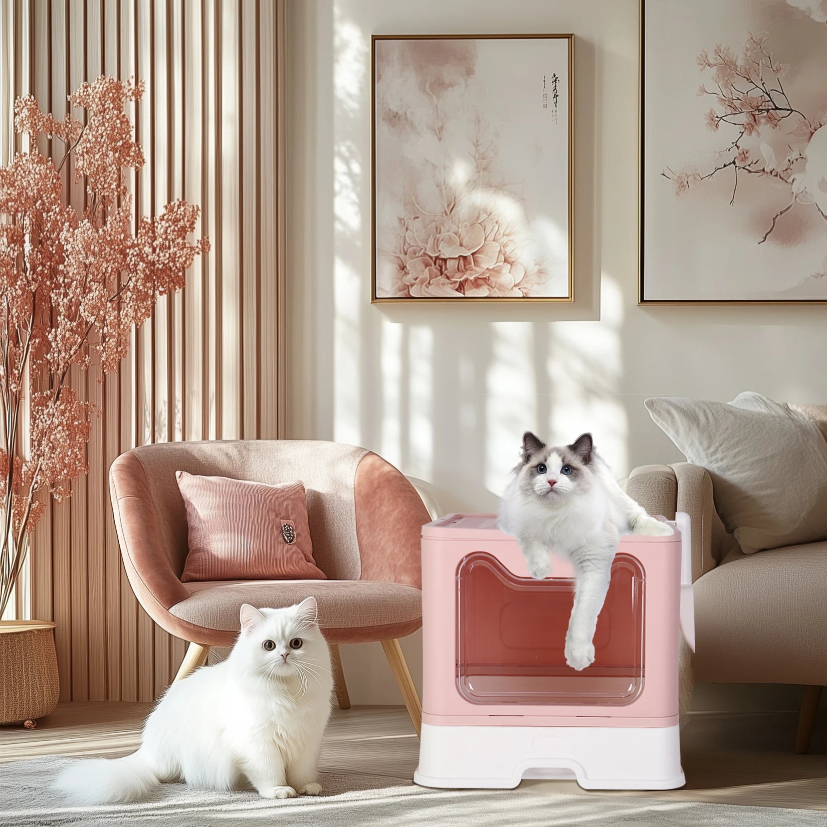 Cat Litter Box Enclosure 41x50.8x38.6cm with Scoop Drawer Portable Covered Cat House Pink