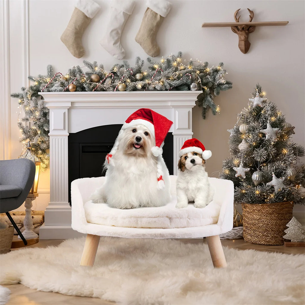 Cat Bed Plush Pet Chair Stool with Cushion and Wood Legs White 41.5x32.8cm