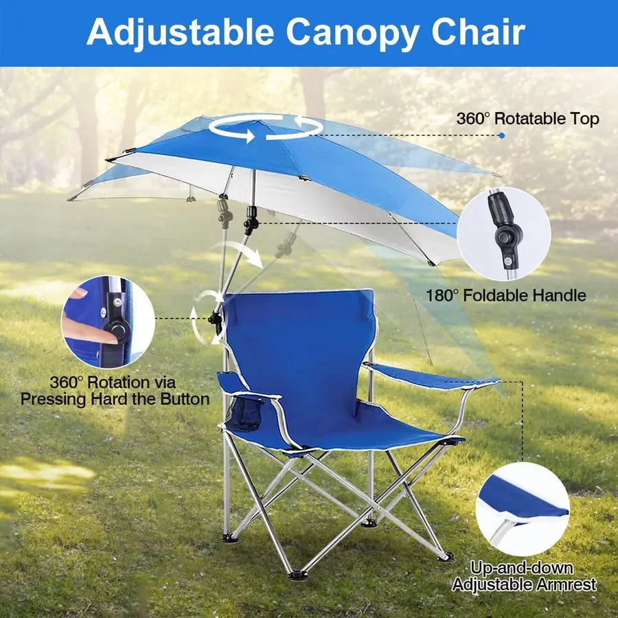 Folding Beach Chair Camp Chair Outdoor Chair for Adults With Adjustable Umbrella & Carrying Bag Blue -