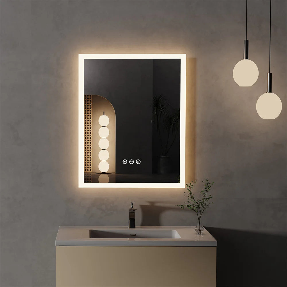 LED Bathroom Mirror Round Touch Screen Waterproof Anti Fog Vanity Mirror Wall Mounted for Wash Basin Shower Grooming 40x50cm