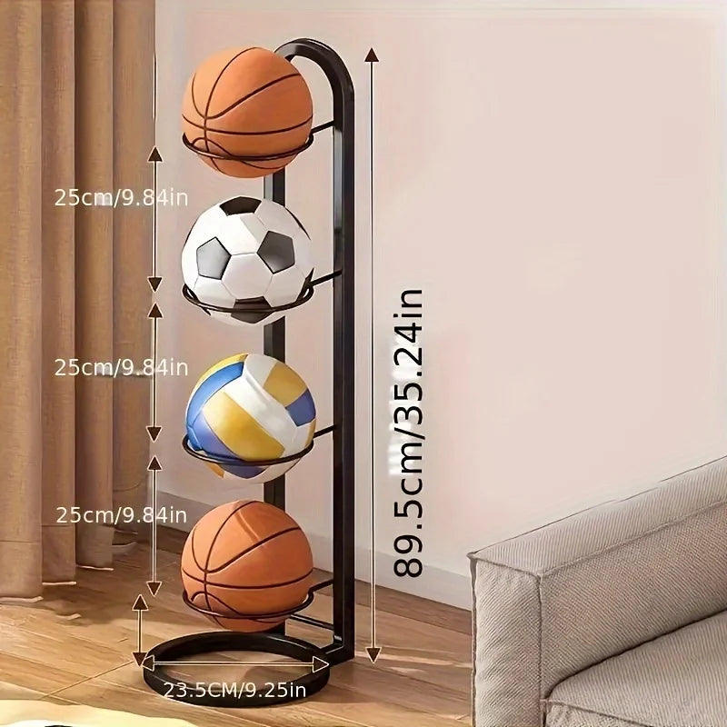1PC 4 Tier Metal Sports Ball Storage Rack Organizer Basketball Football Equipment Holder Shelf Black 89.5 × 23.5cm