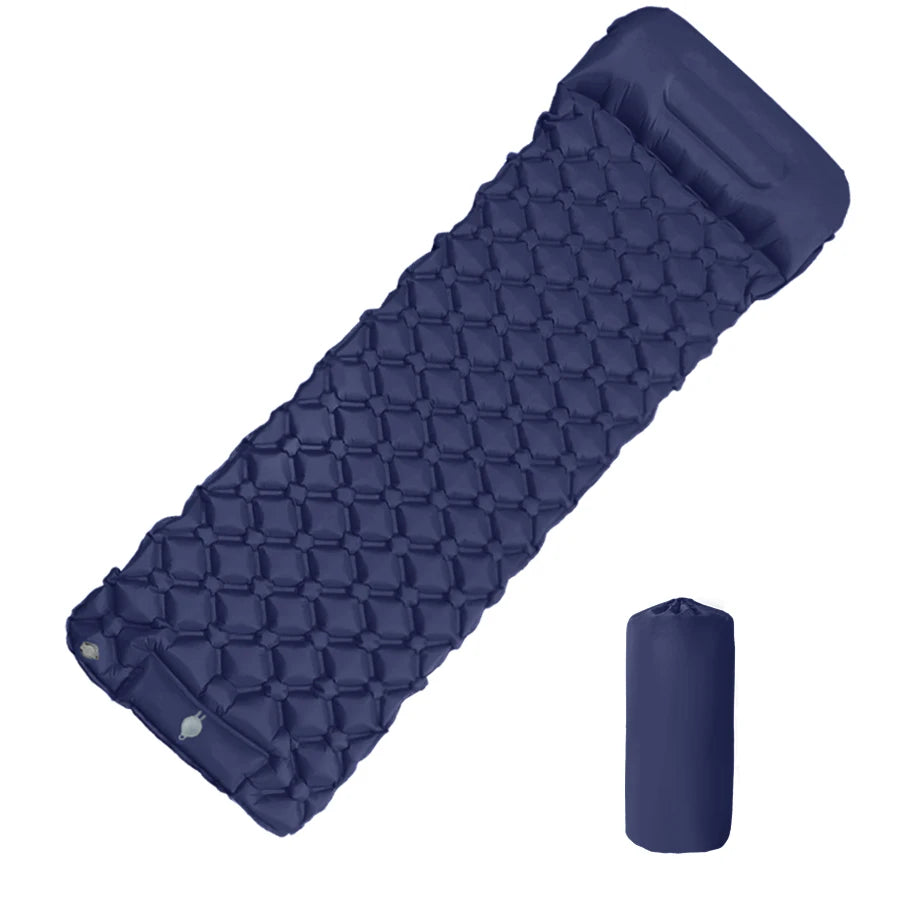 Camping Sleeping Pad Inflatable Air Mattress with Built In Foot Pump and Pillow Ultralight Hiking Mat Navy Blue