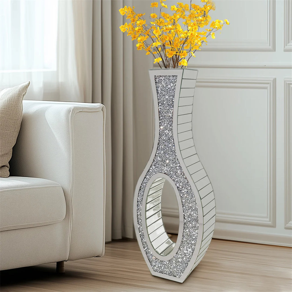 Floor Vase Mirrored Silver Crystal Decorative Flower Vase