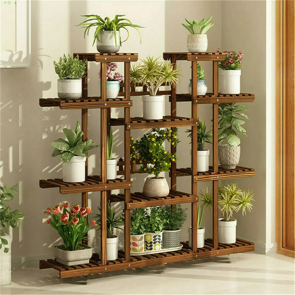 Plant Stand 11 Tier Carbonized Wood Flower Pot Display Shelf Indoor Outdoor Garden Rack Brown 116x115cm