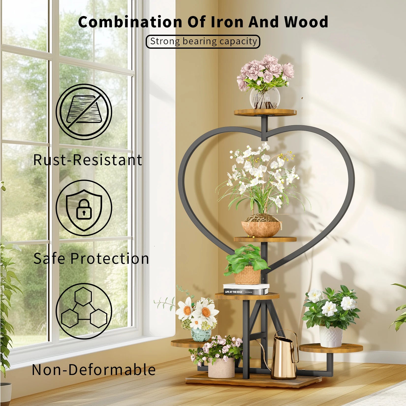 Flower Display Rack Multi-Layer Heart-Shaped Plant Stand Indoor/Outdoor Floral Stand Suitable for Living Room and Balcony Black & Brown 45x24x105cm
