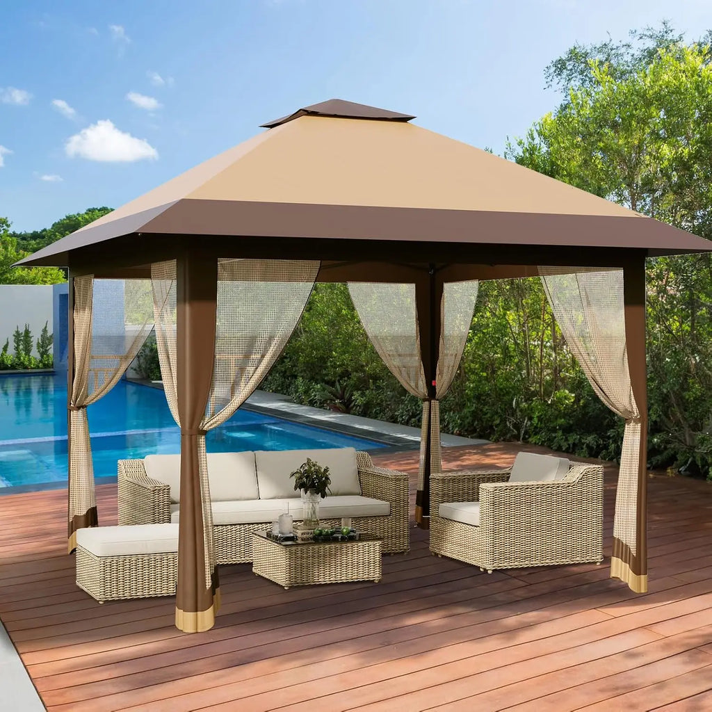 Brown Pop-Up Gazebo Pop-up beach sun shelter Outdoor Canopy Tent Marquee Waterproof 3.9x3.9M