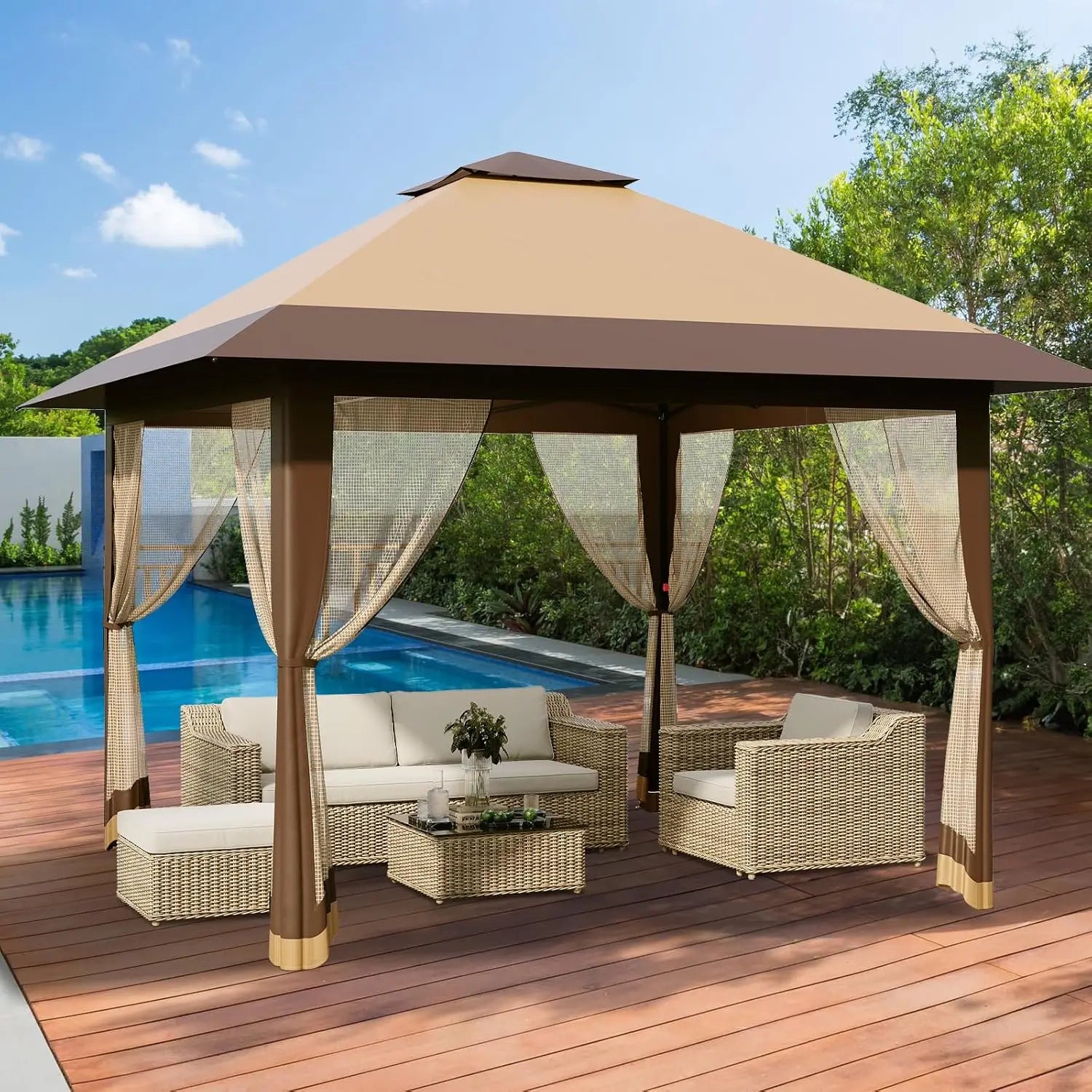 Brown Pop-Up Gazebo Pop-up beach sun shelter Outdoor Canopy Tent Marquee Waterproof 3.9x3.9M