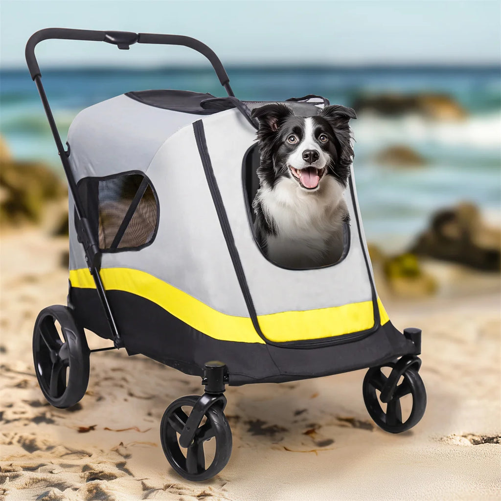 Dog Stroller Foldable 4 Wheel Pet Travel Stroller with Rain Cover Grey & Light Yellow & Black 74x90x103cm
