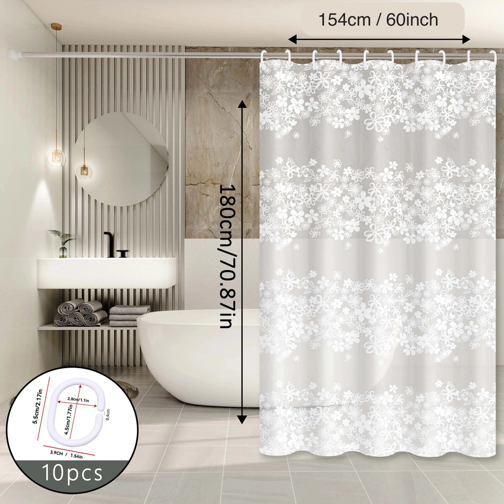 White Flower Shower Curtain Waterproof Bathroom Bath Curtain with Plastic Hooks Bathtub Decor Accessory 154 × 180cm