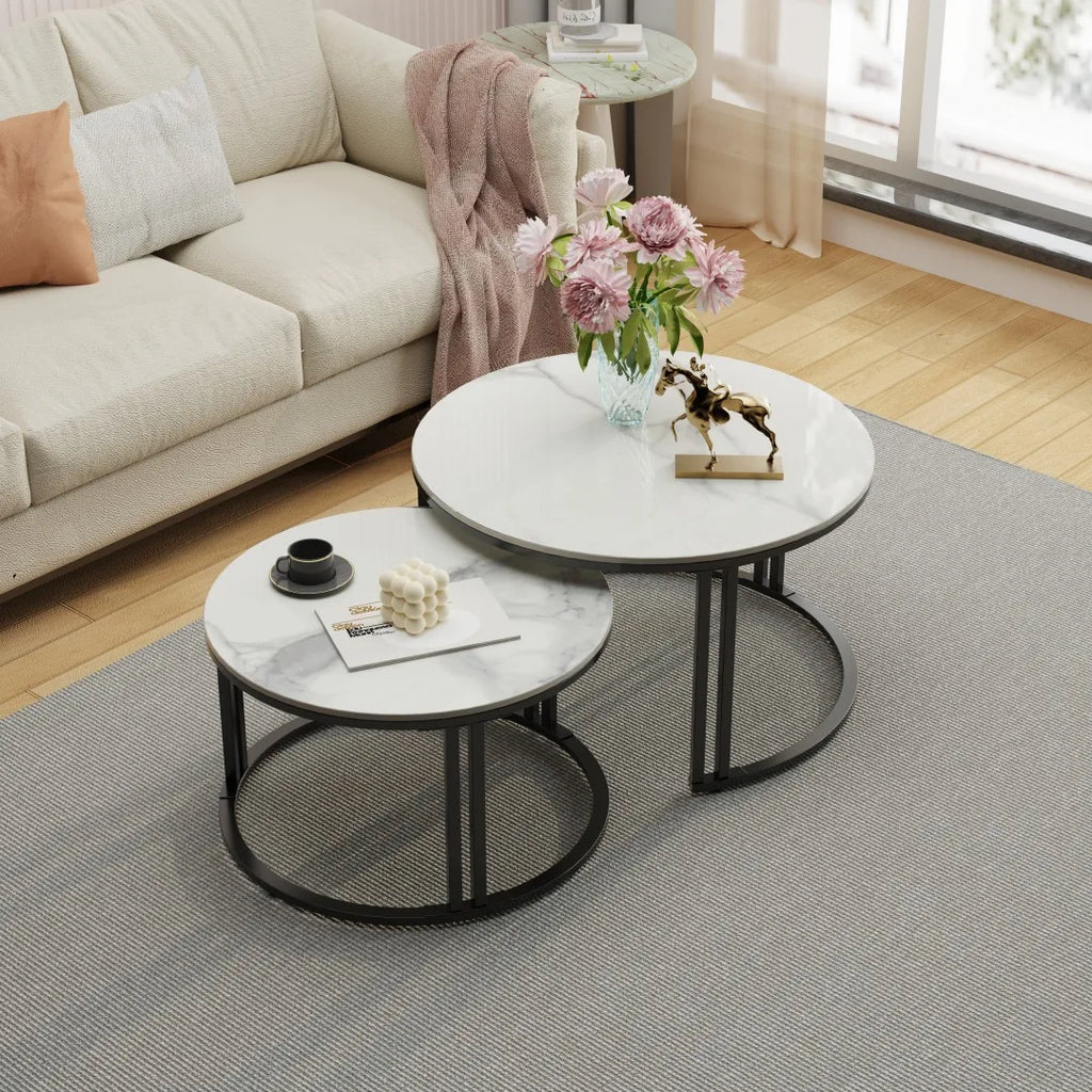 Round Marble Nesting Coffee Table 2 Pack White 70x40cm 57x35cm Space Saving Living Room Side Tables
