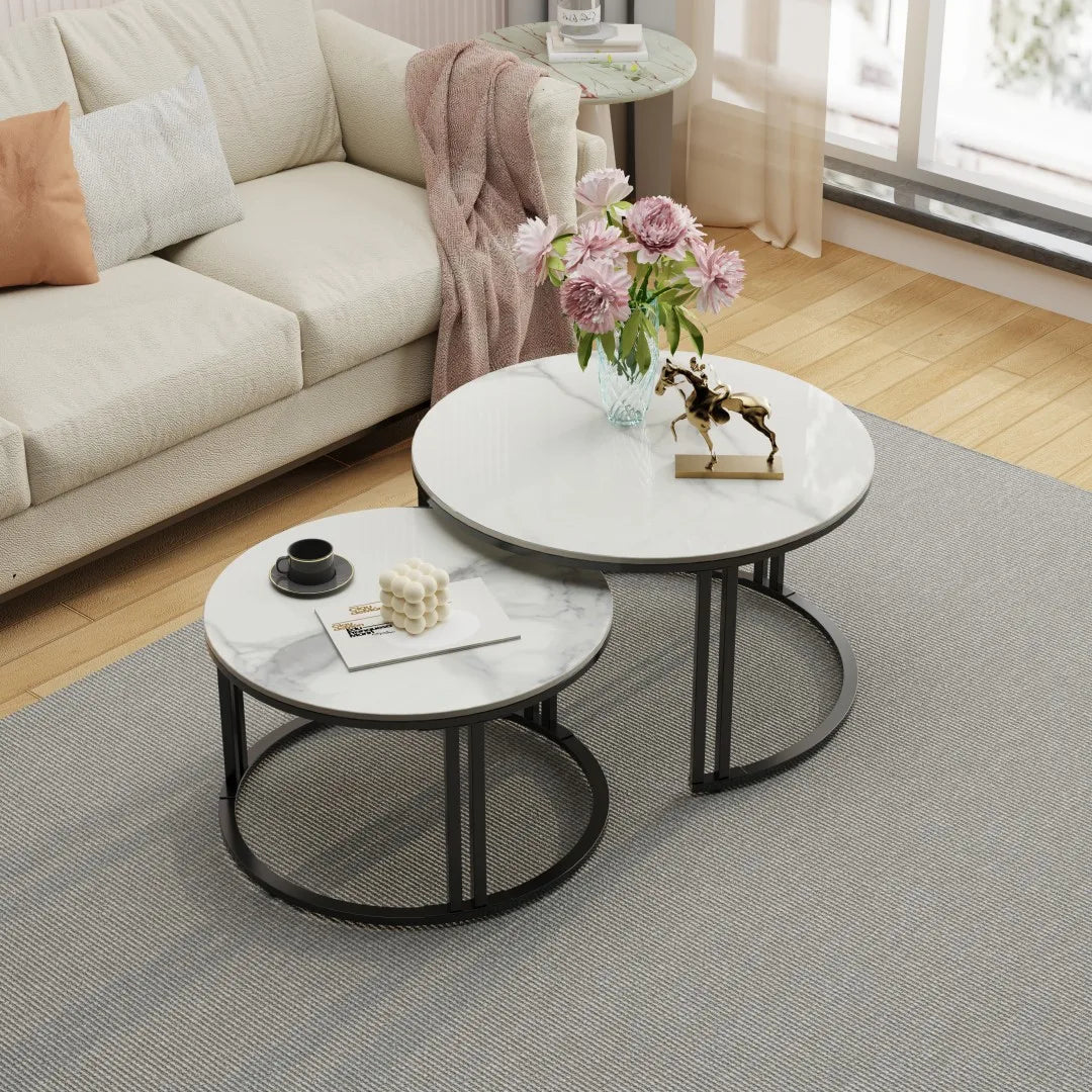 Round Marble Nesting Coffee Table 2 Pack White 70x40cm 57x35cm Space Saving Living Room Side Tables