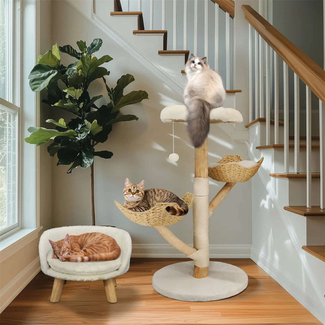 Cat Tree 110cm Solid Wood Climbing Tower with Scratching Post Activity Centre Natural Wood White 60x111cm