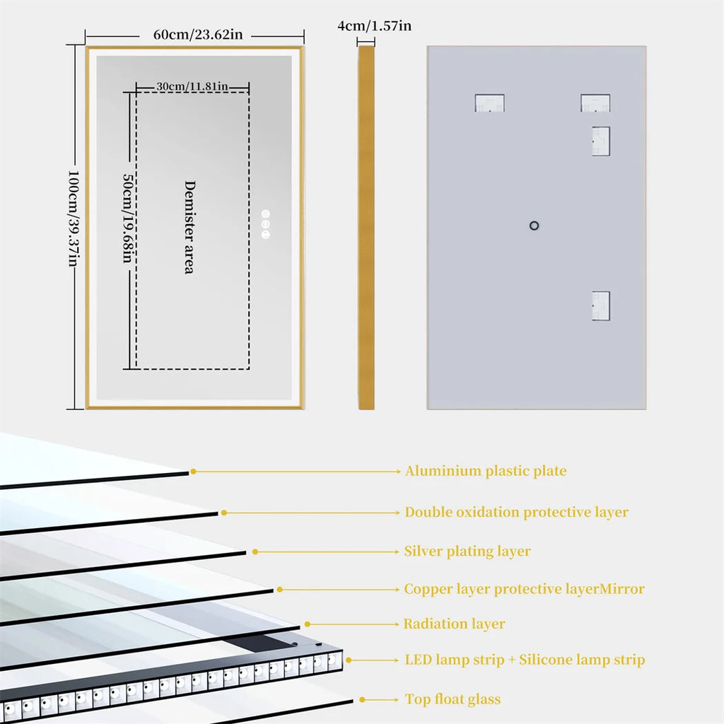 Illuminated LED Bathroom Mirror 60x100cm Gold Frame Anti Fog 3 Color Dimming Wall Mounted Vanity Mirror