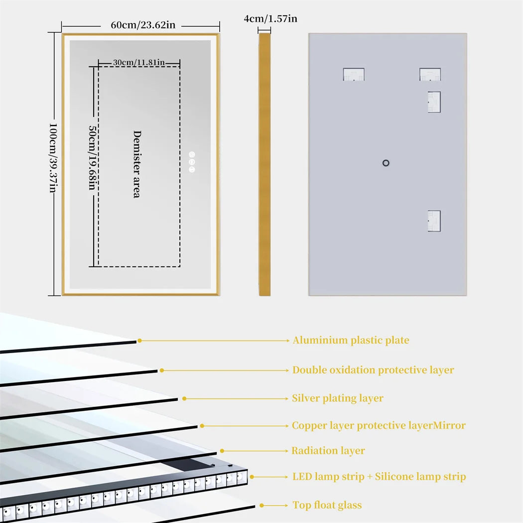 Illuminated LED Bathroom Mirror 60x100cm Gold Frame Anti Fog 3 Color Dimming Wall Mounted Vanity Mirror