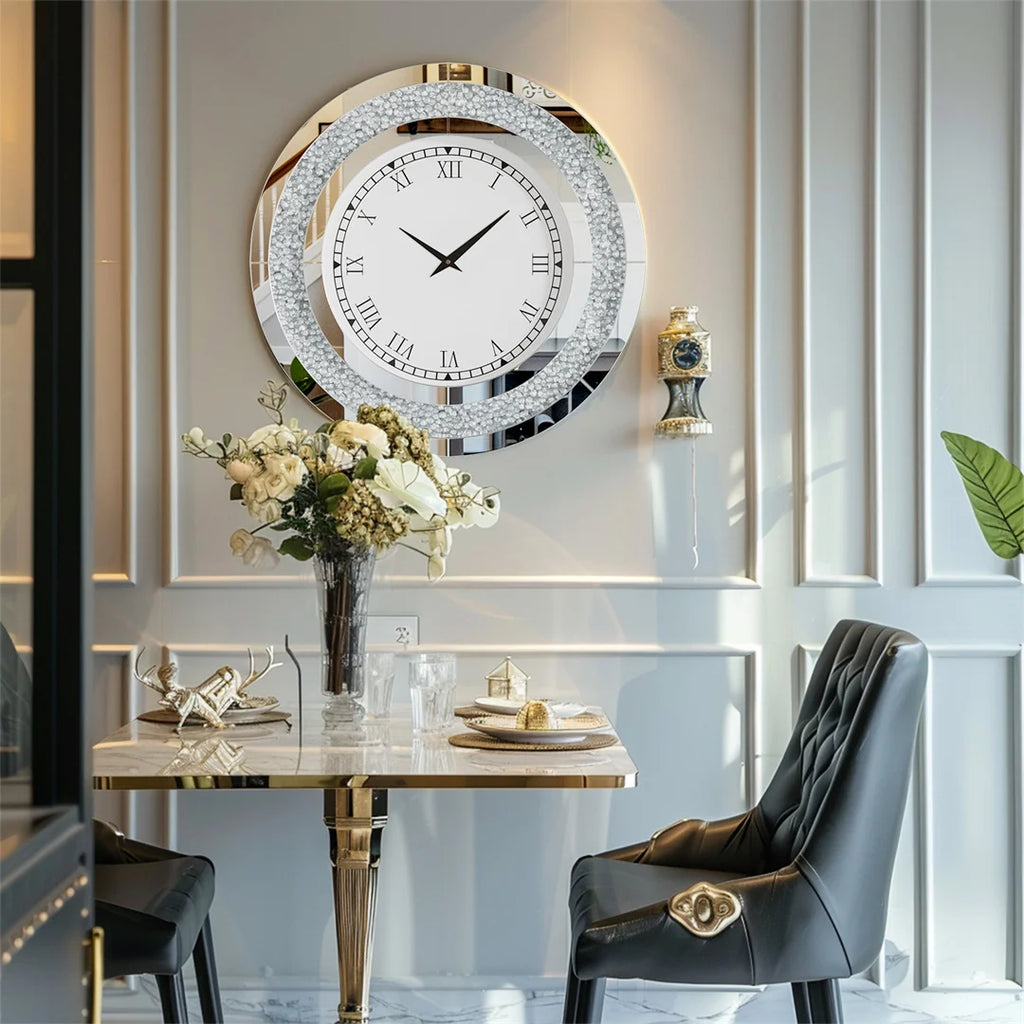 Mirror Wall Clock 60cm Crystal Crush Diamond Round Decorative Clock Silver Bling Wall Clock