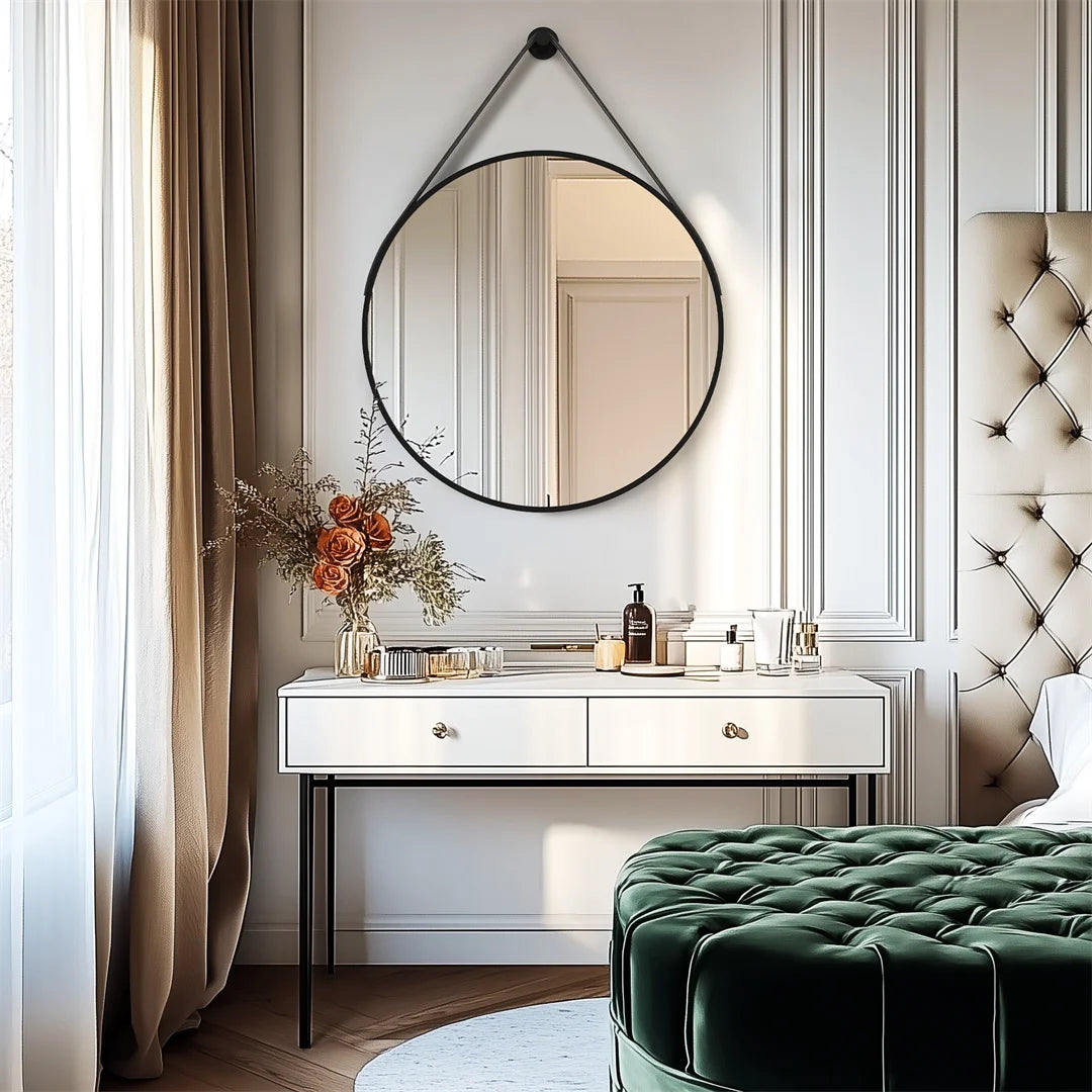 Round Wall Mirror 70cm Black Finish Decorative Vanity Mirror for Bedroom Living Room Dressing Table