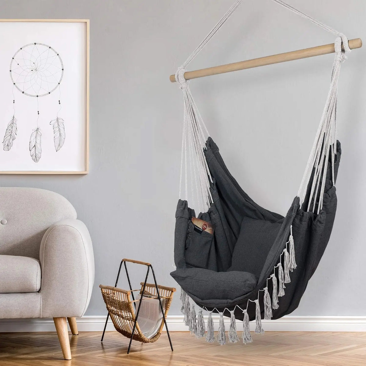 Macrame Hanging Chair with 2 Pillows Black Cotton Rope Swing 226.8 kg Capacity Indoor Outdoor
