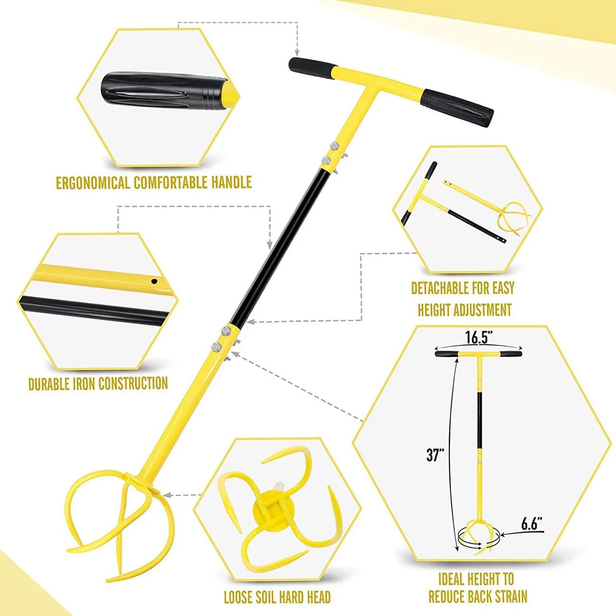 Garden Soil Aerator Lawn Hole Puncher Soil Loosening Tool Grass Aeration Spike Tool Yellow Black 97 × 30cm