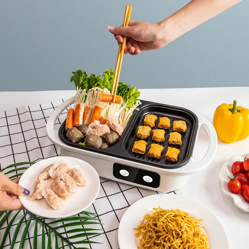Electric Shabu Pot and Grill 2-in-1 Non-Stick Multi Cooker for BBQ, Steak, Ramen and Noodles White