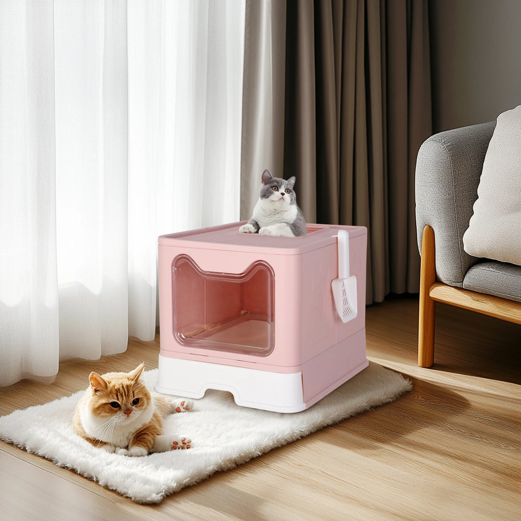 Cat Litter Box Enclosure 41x50.8x38.6cm with Scoop Drawer Portable Covered Cat House Pink