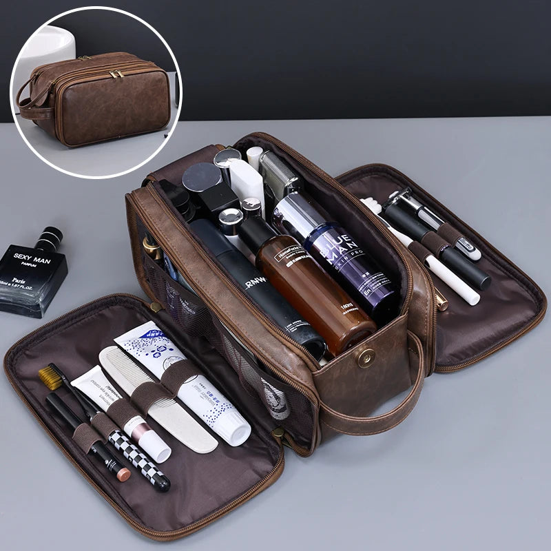Multi Pocket PU Toiletry Bag Waterproof Hanging Travel Cosmetic Makeup Organizer Wash Storage Pouch Women Men Coffee