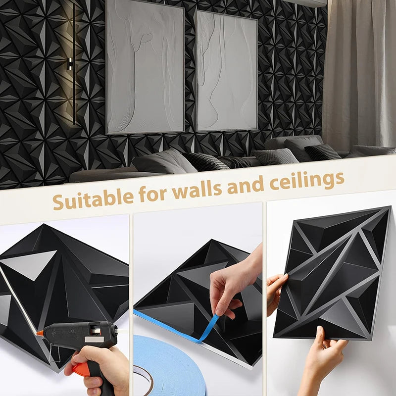 3D Wall Panels 10 Pack Waterproof Self Adhesive Wallpaper Stickers Black 30cm for Kitchen Bathroom Living Room