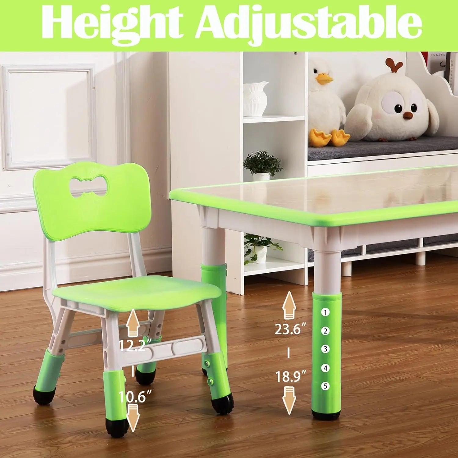 Activity Table and 6 Chairs Set Height Adjustable Study Desk with Graffiti Desktop Non Slip Legs Green 120x60x48-60cm