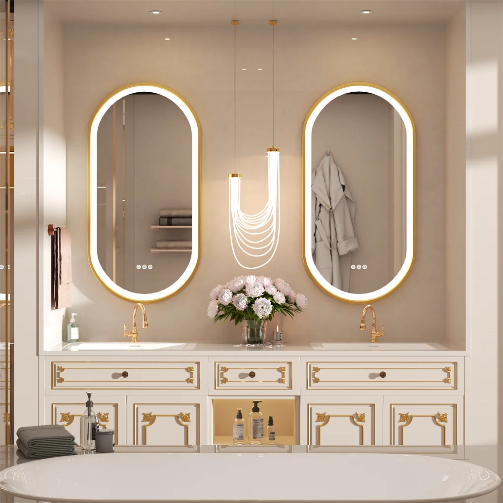 LED Bathroom Mirror Round Touch Screen Waterproof Anti Fog Vanity Mirror Wall Mounted for Wash Basin Shower Grooming 100x50cm