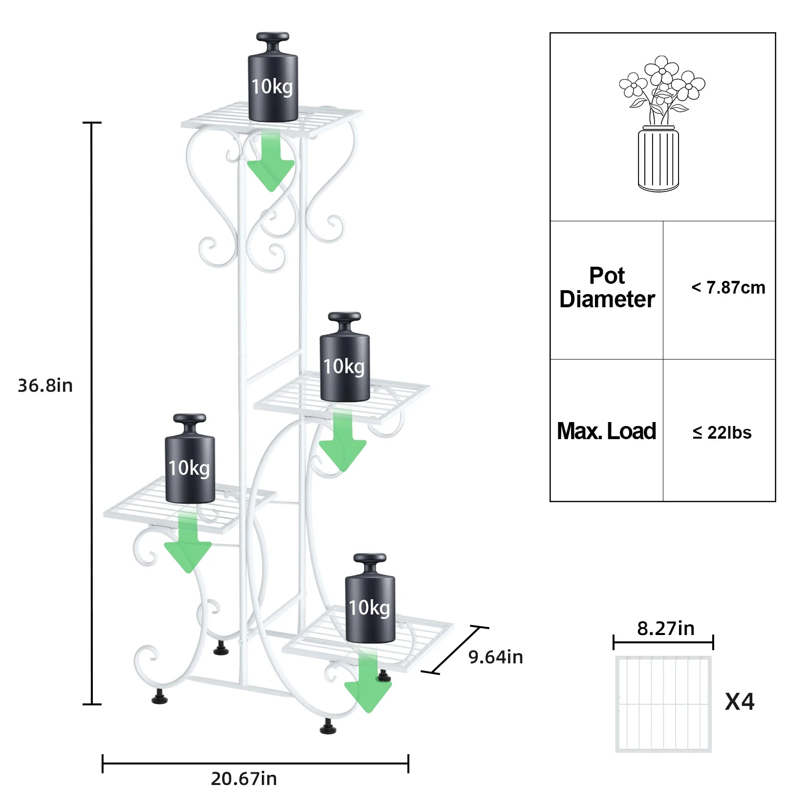 Plant Stand 4 Tier Metal Flower Pot Display Rack Indoor Outdoor Garden Patio Shelf White 52.5x24.5x93.5cm