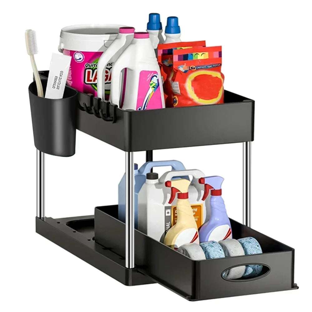 2 Tier Under Sink Organizer Sliding Cabinet Storage Rack Basket with Hooks Hanging Cup Bathroom Kitchen Organizer Black