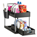2 Tier Under Sink Organizer Sliding Cabinet Storage Rack Basket with Hooks Hanging Cup Bathroom Kitchen Organizer Black