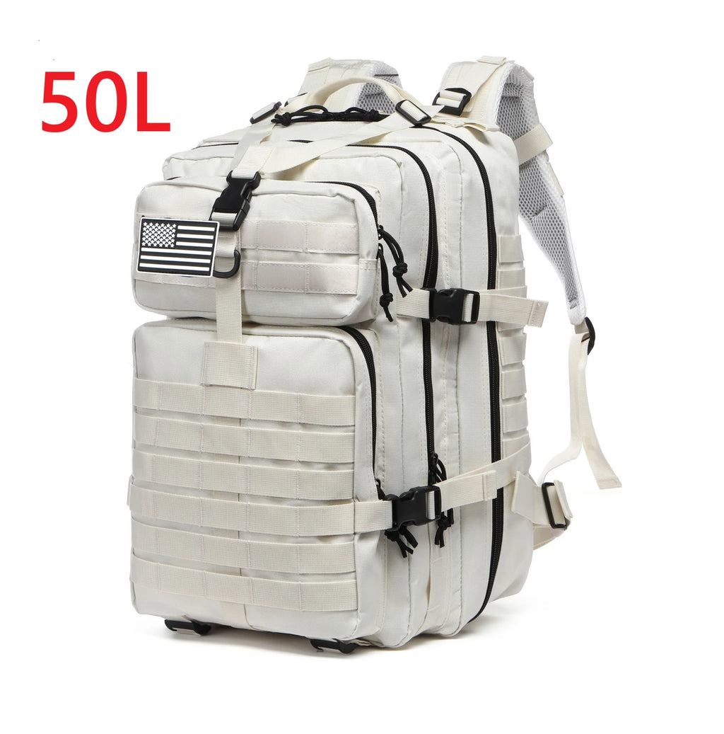 50L Waterproof Tactical Outdoor Backpack Nylon Hiking Camping Trekking Sports Fishing Hunting Rucksack White 32 × 28 × 48cm