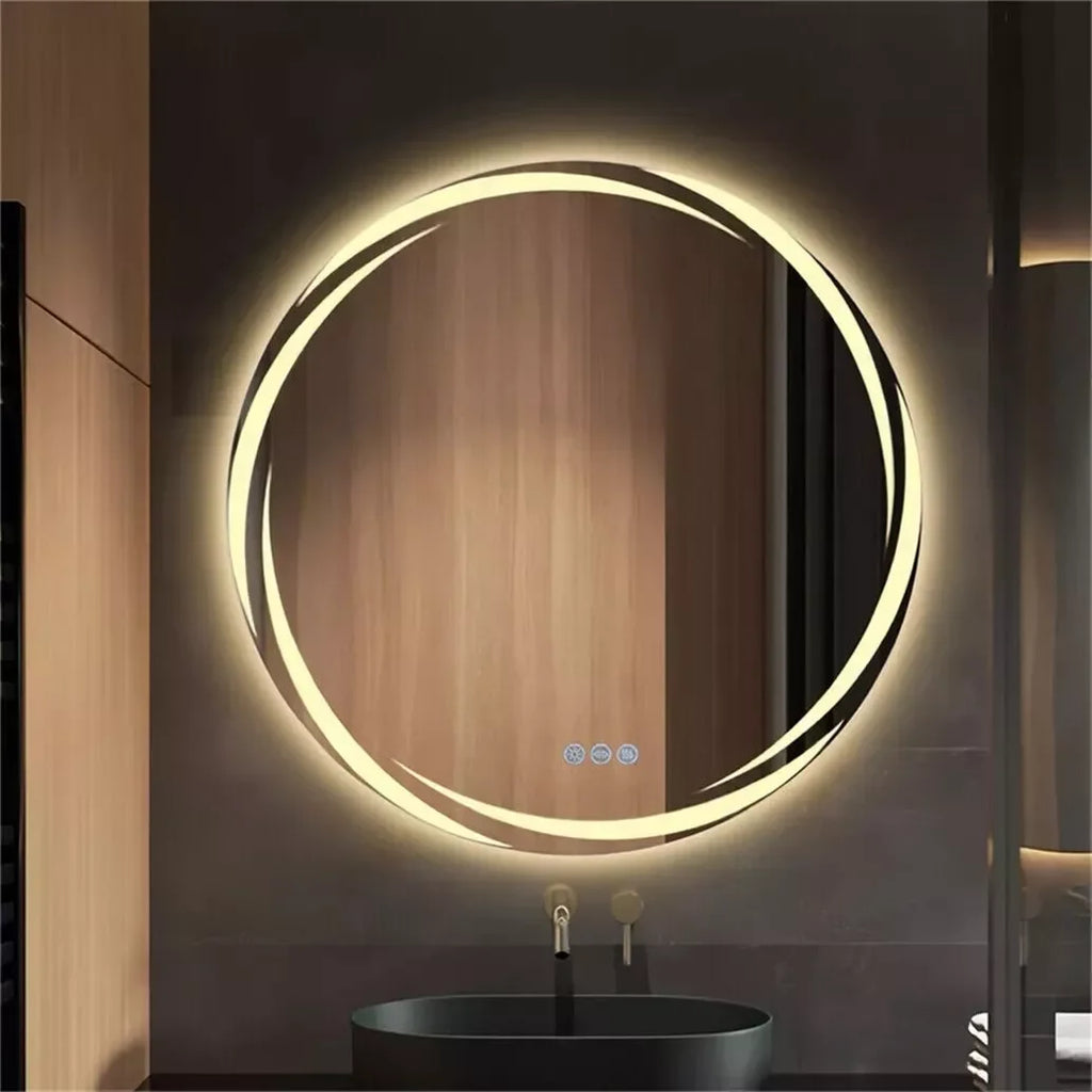 80 cm LED Bathroom Mirror Round Touch Screen Waterproof Anti Fog Vanity Mirror Wall Mounted for Wash Basin Shower Grooming