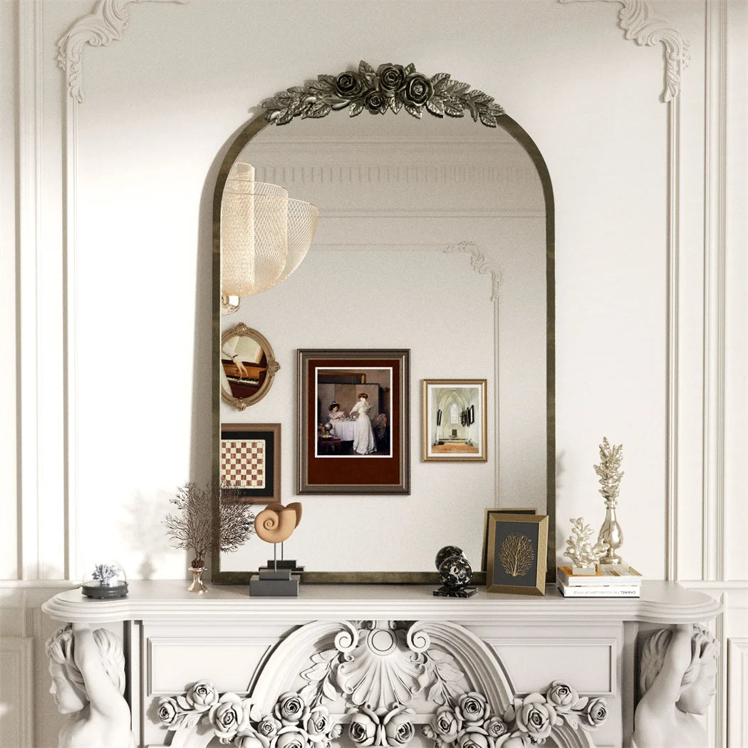 Vintage Baroque Arch Wall Mirror 75x50cm Gold Metal Frame Resin Rose Pattern Decorative Mirror